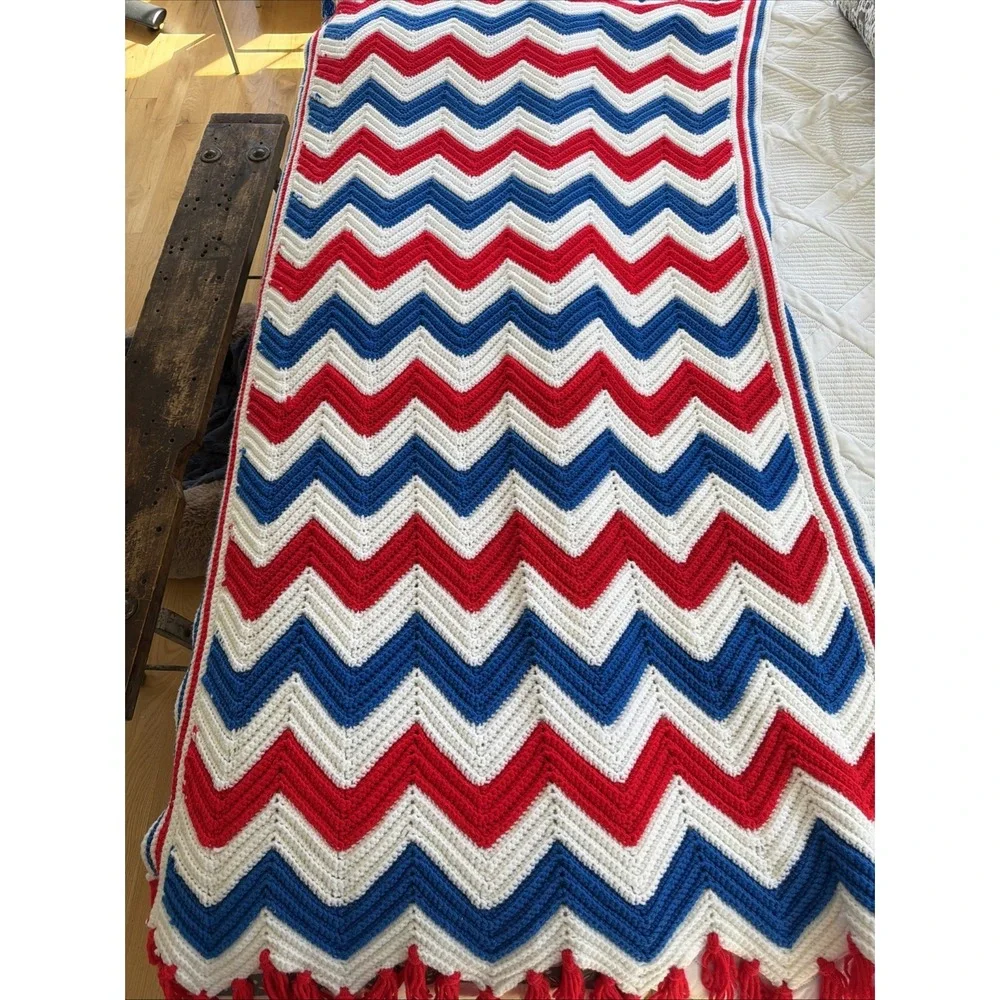 vintage hand crocheted Red White Blue Throw Blanket 39in W X 72 in L GWB002